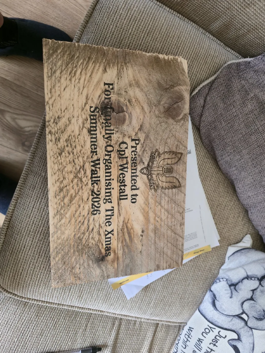 Rustic engraved timber presentation plaque with an individual inscription