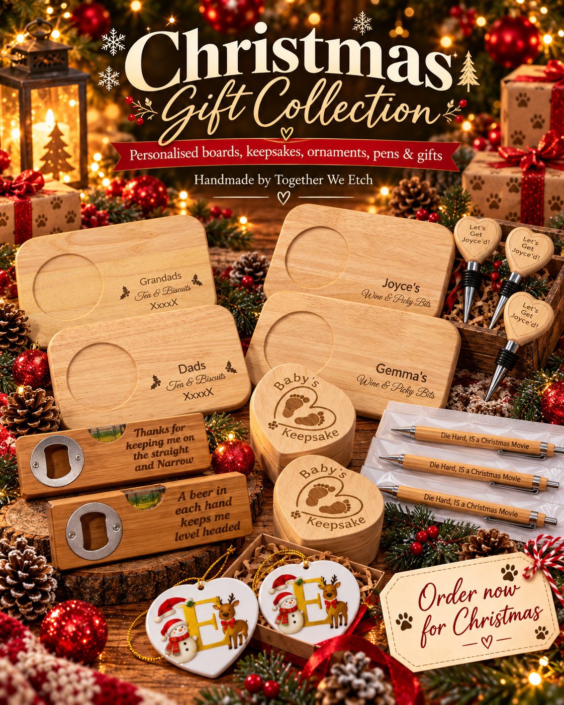 Together We Etch Christmas gifts showcase with personalised boards, pens, ornaments and keepsakes