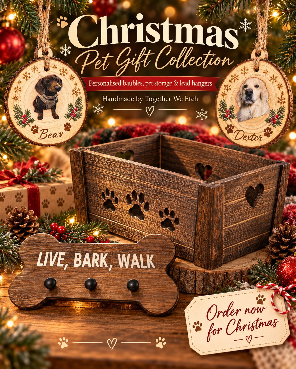 Christmas pet gift collection with illustrated personalised dog baubles and lead holder