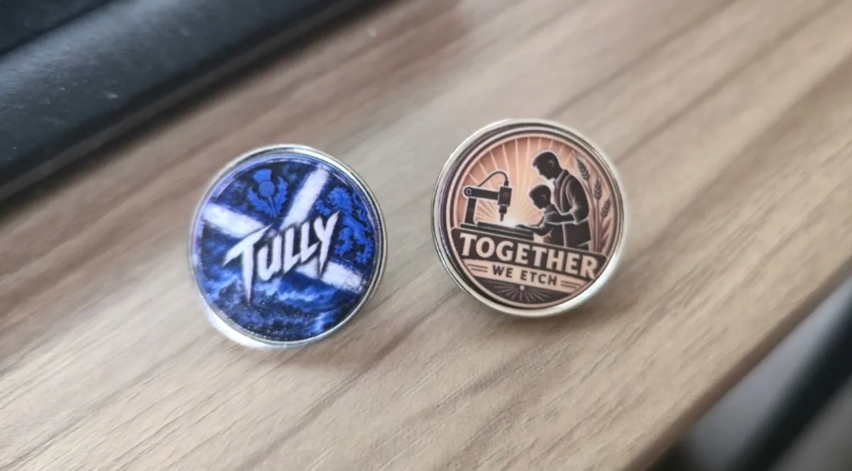 Real blue Tully and Together We Etch printed pin badges