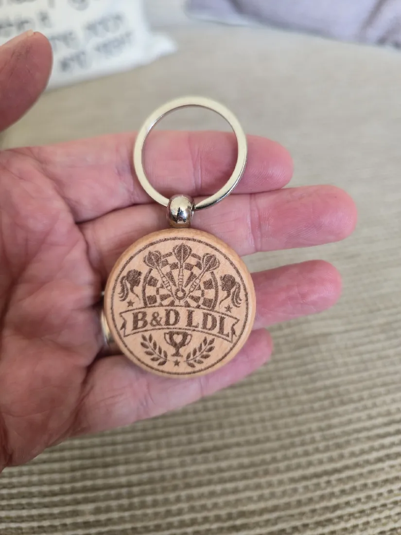 Real engraved wooden darts club keyring