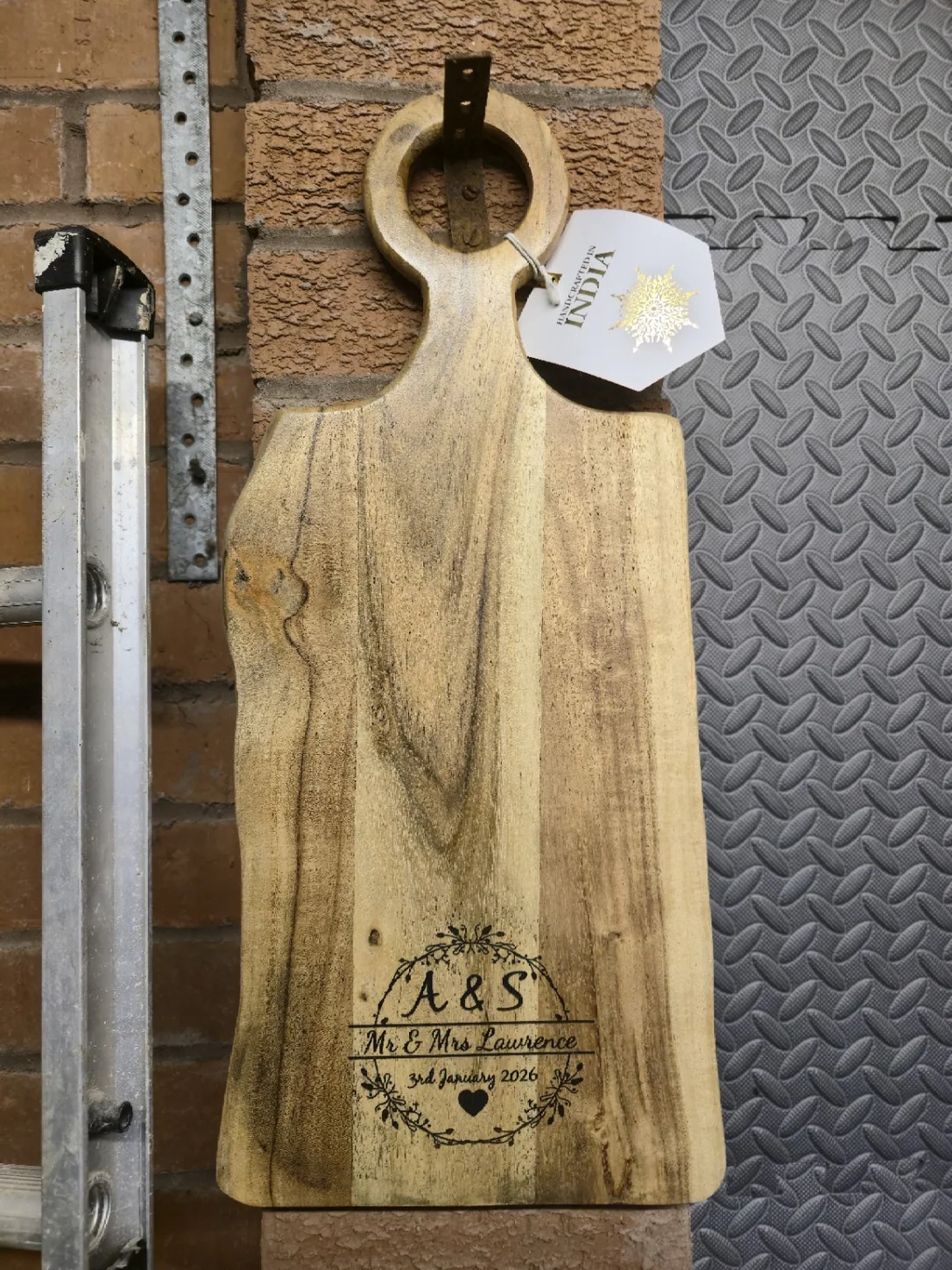 Personalised rustic wooden serving board with couple initials and wedding date
