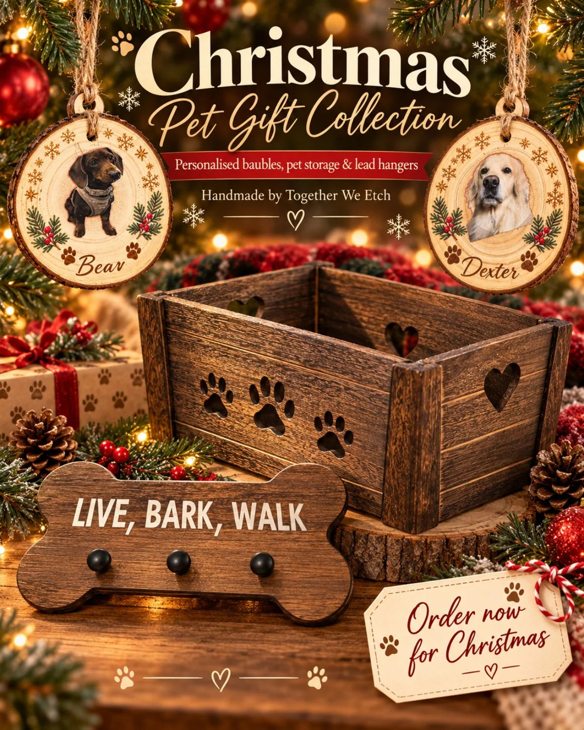 Christmas pet collection promotional artwork featuring personalised dog baubles