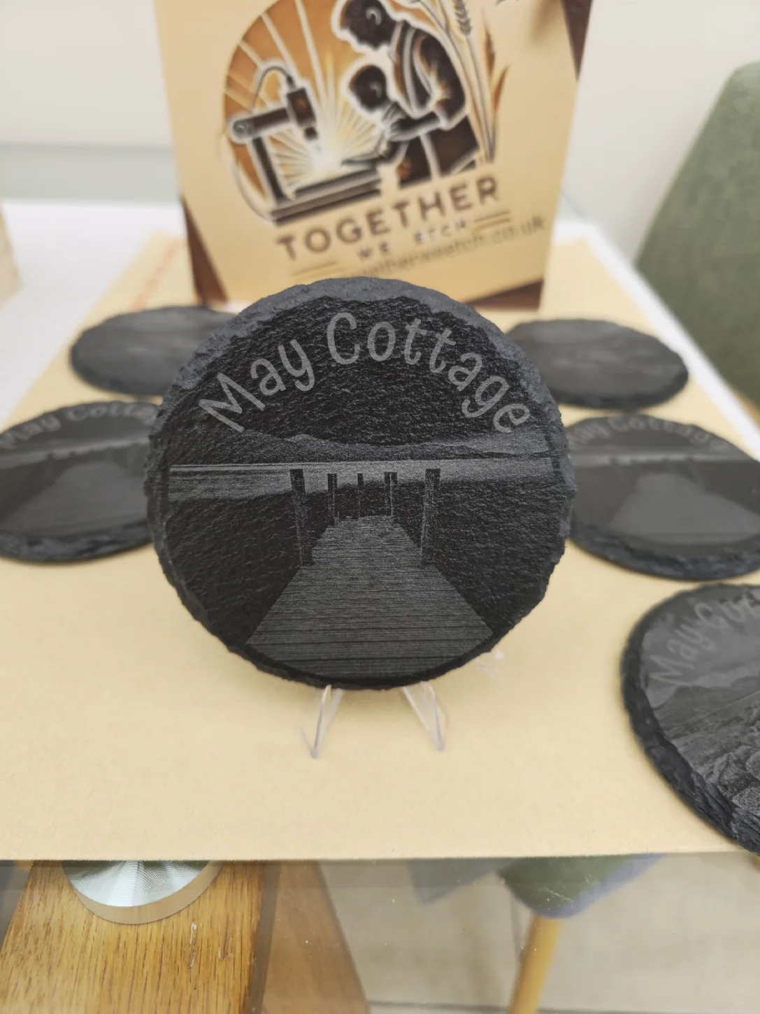 Real personalised slate coaster engraved with a cottage design