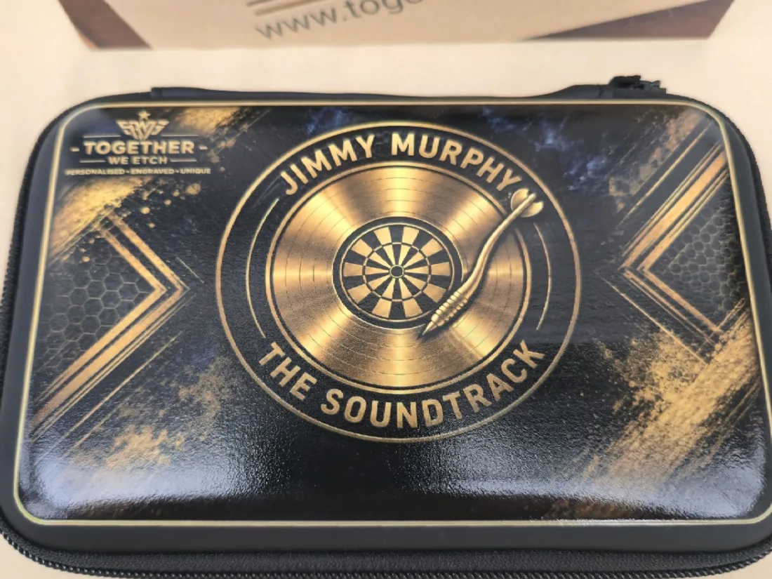 Real black and gold Together We Etch personalised darts case